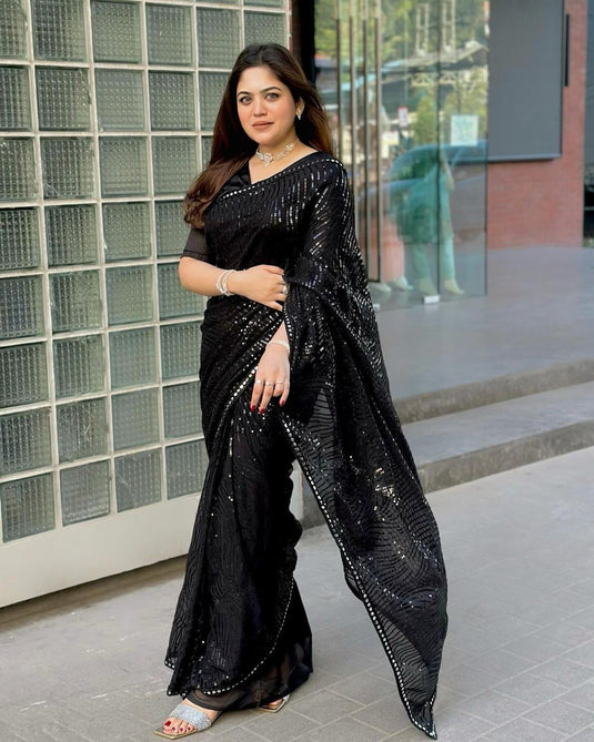 Black Trendy Georgette Sequence Embroidered Cocktail Wear Saree