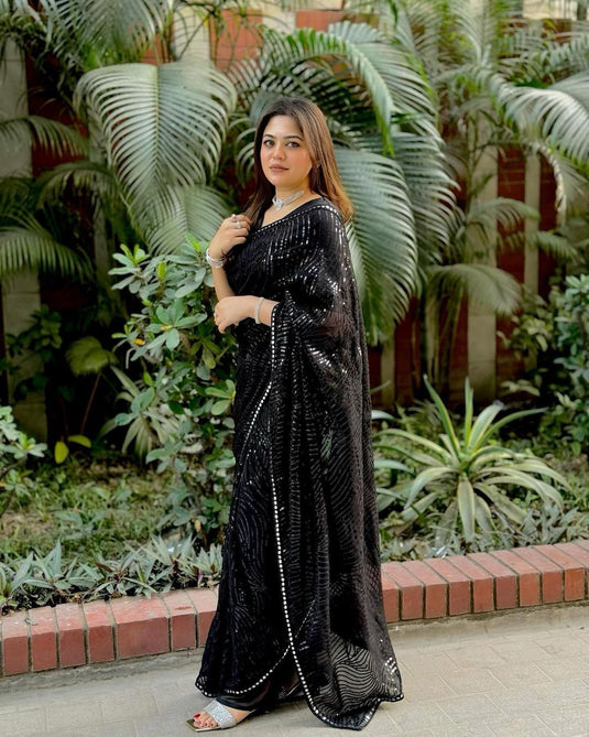 Black Trendy Georgette Sequence Embroidered Cocktail Wear Saree