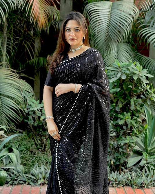 Black Trendy Georgette Sequence Embroidered Cocktail Wear Saree