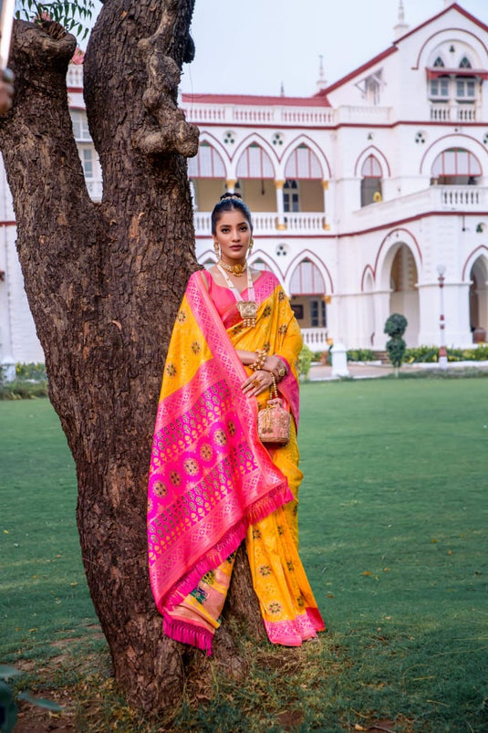 Yellow Banarasi Soft Silk Patola Zari Weaving Pattern Saree