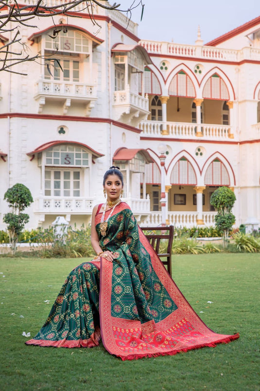 Bottle Green Banarasi Soft Silk Patola Zari Weaving Pattern Saree