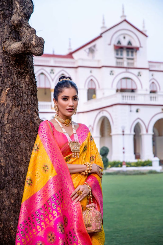 Yellow Banarasi Soft Silk Patola Zari Weaving Pattern Saree