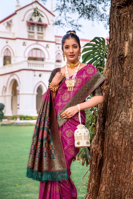 Wine Banarasi Soft Silk Patola Zari Weaving Pattern Saree