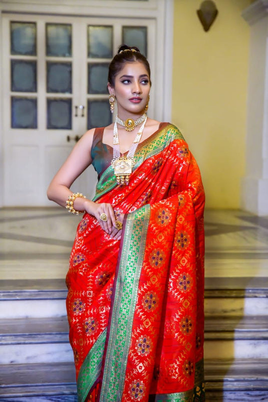 Red Banarasi Soft Silk Patola Zari Weaving Pattern Saree