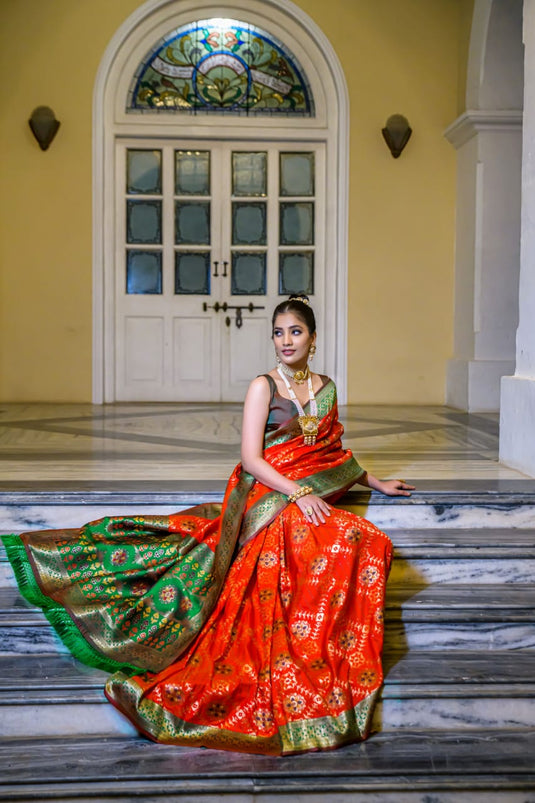 Red Banarasi Soft Silk Patola Zari Weaving Pattern Saree