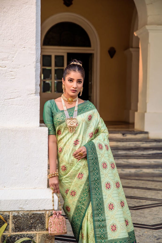 Light Green Banarasi Soft Silk Patola Zari Weaving Pattern Saree