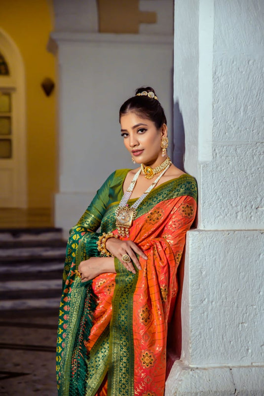 Orange Banarasi Soft Silk Patola Zari Weaving Pattern Saree