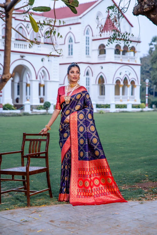 Navy Blue Banarasi Soft Silk Patola Zari Weaving Pattern Saree