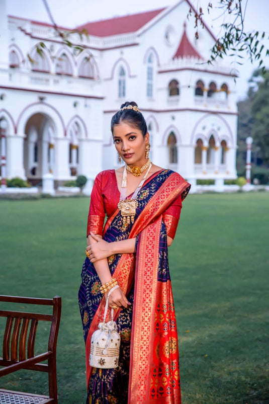 Navy Blue Banarasi Soft Silk Patola Zari Weaving Pattern Saree