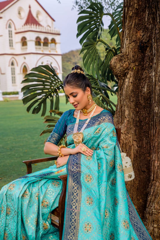 Sky Blue Banarasi Soft Silk Patola Zari Weaving Pattern Saree