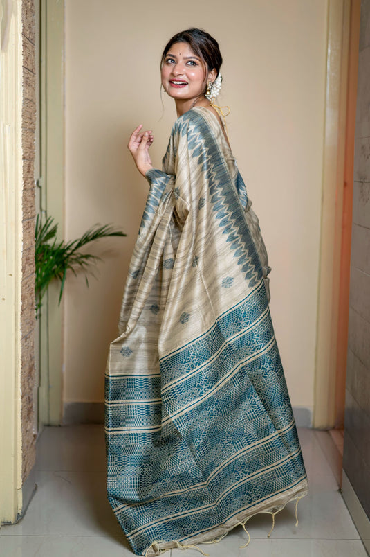 Beige-Teal Blue Classic Tussar Silk Traditional Weaving Pattern Saree