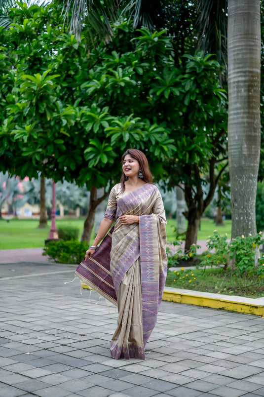 Beige-Lavender Classic Tussar Silk Traditional Weaving Pattern Saree