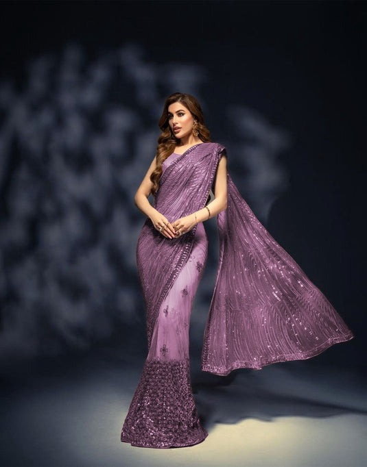 Purple Premium Georgette Sequence Embroidered Work Saree