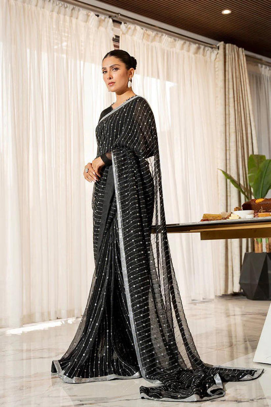 Black Designer Georgette Sequence Embroidered Party Wear Saree