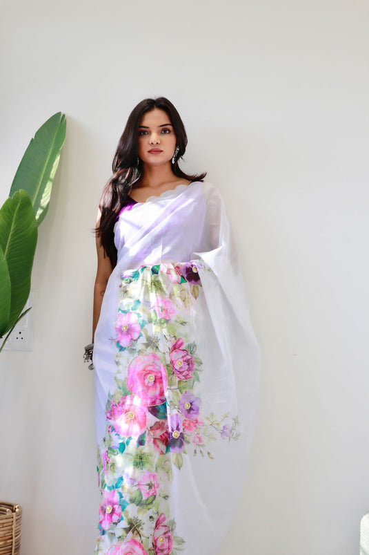 White Taby Silk Saree With Floral Digital Work