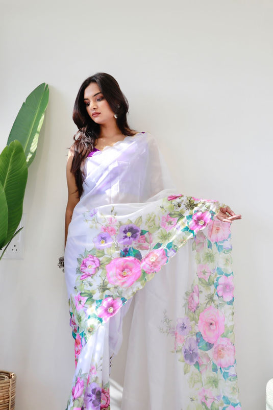 White Taby Silk Saree With Floral Digital Work