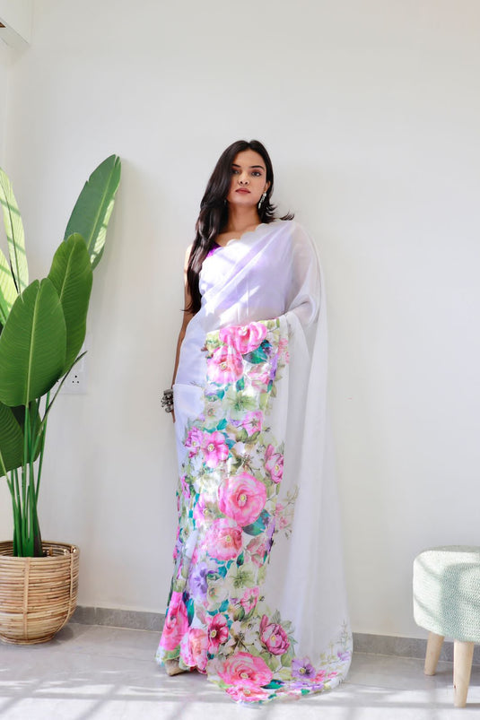 White Taby Silk Saree With Floral Digital Work