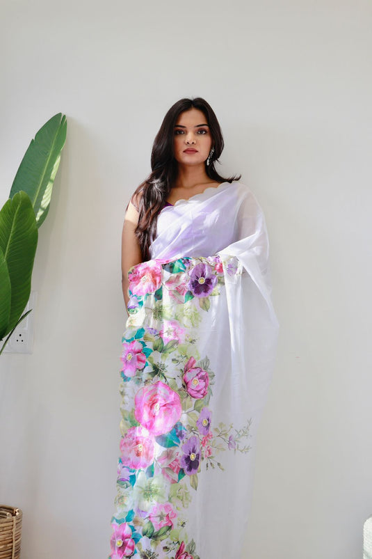 White Taby Silk Saree With Floral Digital Work