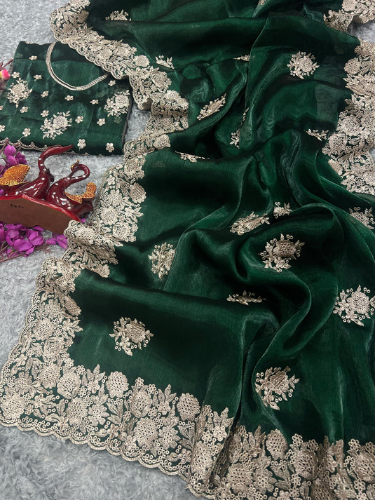 Bottle Green Burberry Silk Zari Embroidered Work Saree