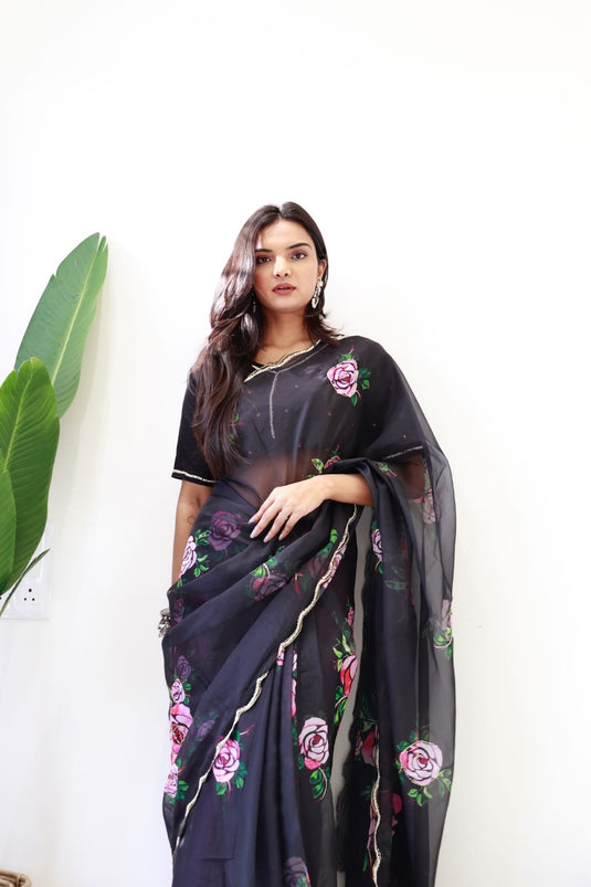 Black Pure And Soft Organza Silk Floral Print Khatli Cutdana Jardosi Work Saree