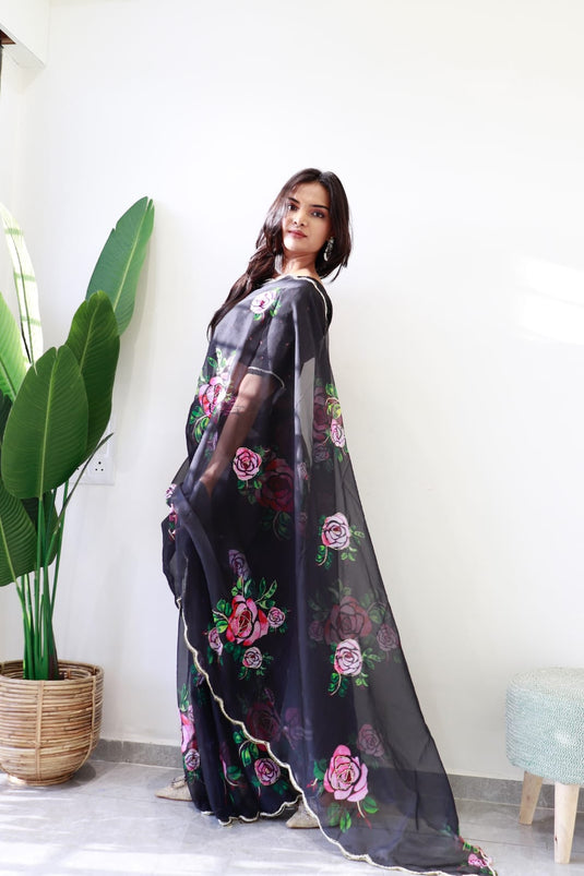 Black Pure And Soft Organza Silk Floral Print Khatli Cutdana Jardosi Work Saree