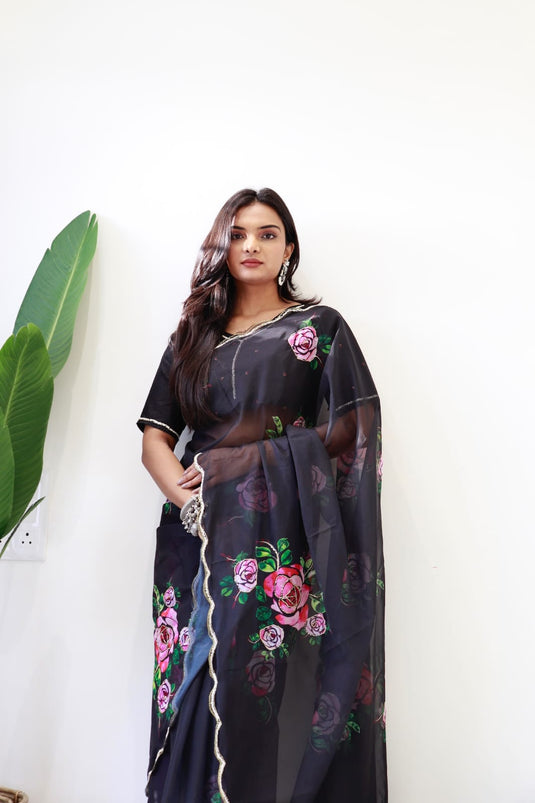 Black Pure And Soft Organza Silk Floral Print Khatli Cutdana Jardosi Work Saree