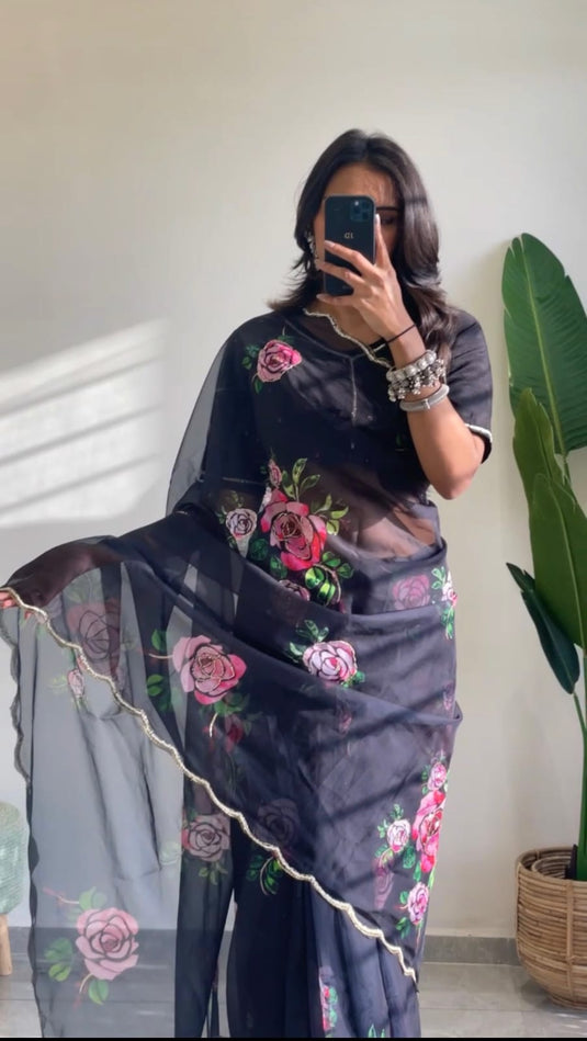 Black Pure And Soft Organza Silk Floral Print Khatli Cutdana Jardosi Work Saree