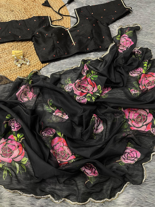 Black Pure And Soft Organza Silk Floral Print Khatli Cutdana Jardosi Work Saree