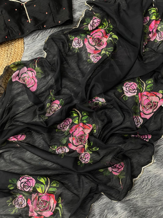 Black Pure And Soft Organza Silk Floral Print Khatli Cutdana Jardosi Work Saree