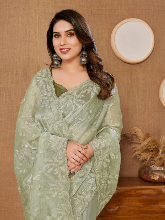 Light Green Designer Burberry Silk Sequence Embroidered Work Saree