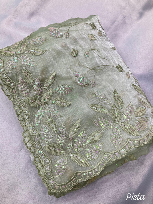 Light Green Designer Burberry Silk Sequence Embroidered Work Saree