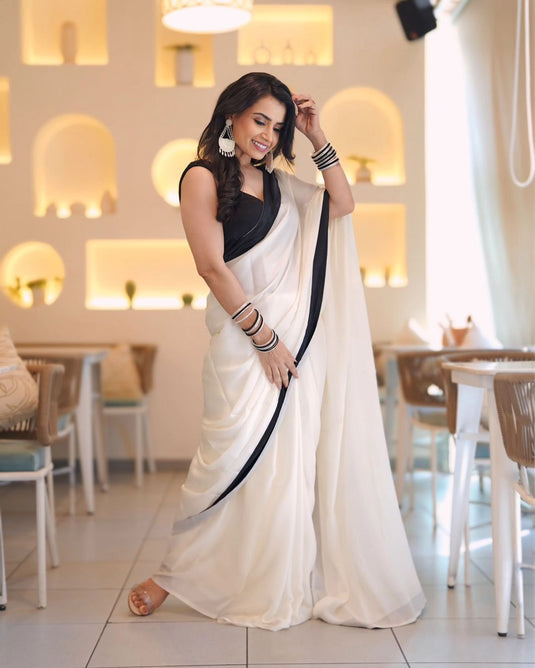 White Designer Premium Satin Silk Saree