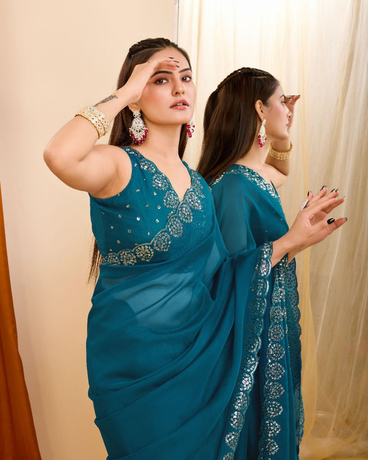 Teal Blue Taby Organza Silk Copper Sequence Work Saree