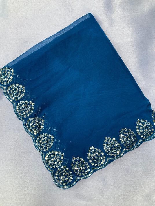 Teal Blue Taby Organza Silk Copper Sequence Work Saree