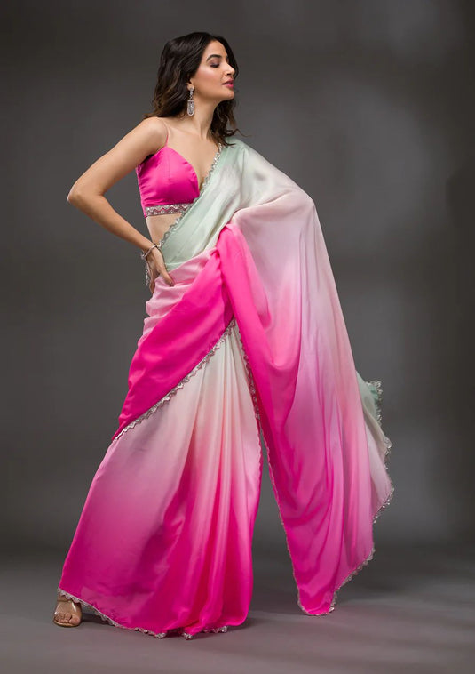 Pink Elegant Premium Crepe Silk Printed Designer Ombre Saree