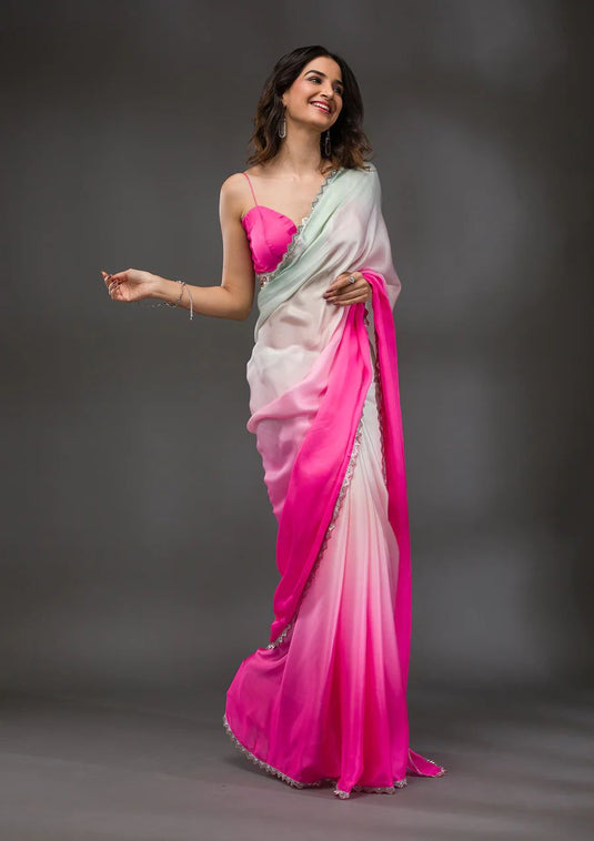 Pink Elegant Premium Crepe Silk Printed Designer Ombre Saree