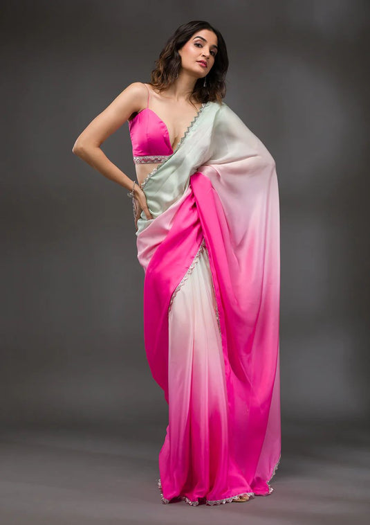 Pink Elegant Premium Crepe Silk Printed Designer Ombre Saree