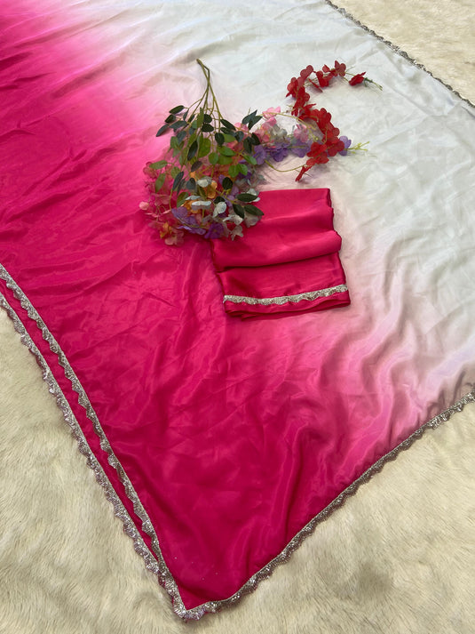 Pink Elegant Premium Crepe Silk Printed Designer Ombre Saree