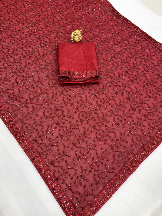 Maroon Premium Georgette Sequence Embroidered Cocktail Wear Saree