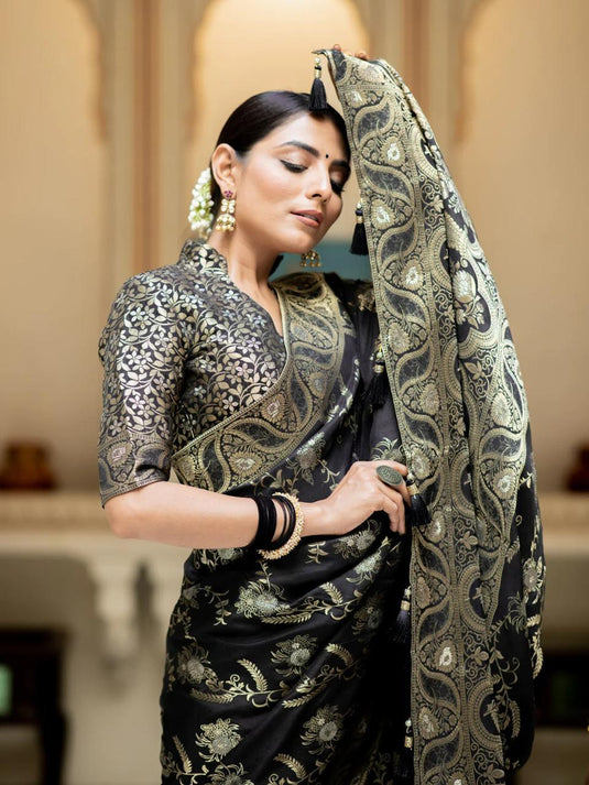 Black Banarasi Silk Traditional Saree