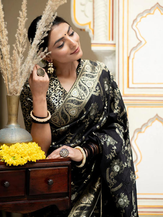 Black Banarasi Silk Traditional Saree