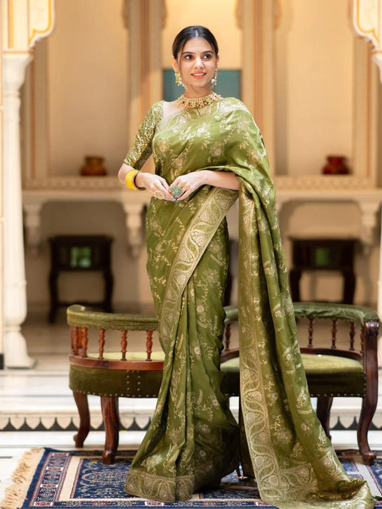 Mehendi Green Banarasi Silk Traditional Saree