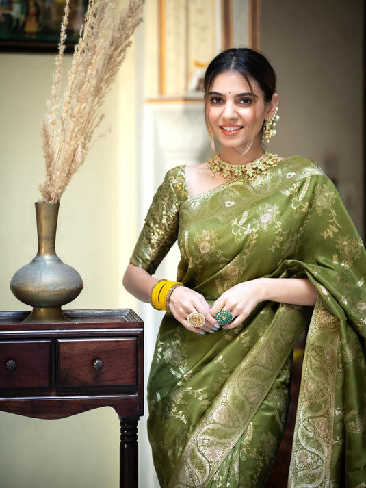 Mehendi Green Banarasi Silk Traditional Saree