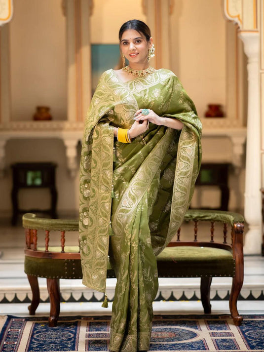 Mehendi Green Banarasi Silk Traditional Saree