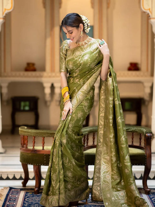 Mehendi Green Banarasi Silk Traditional Saree