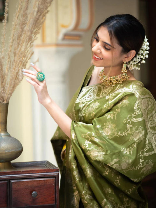 Mehendi Green Banarasi Silk Traditional Saree