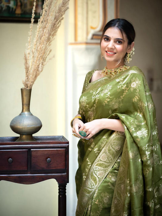 Mehendi Green Banarasi Silk Traditional Saree