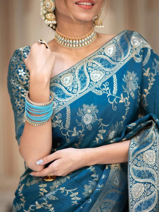 Teal Blue Banarasi Silk Traditional Saree