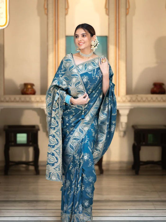 Teal Blue Banarasi Silk Traditional Saree