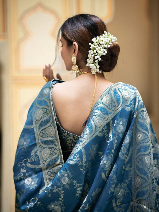 Teal Blue Banarasi Silk Traditional Saree